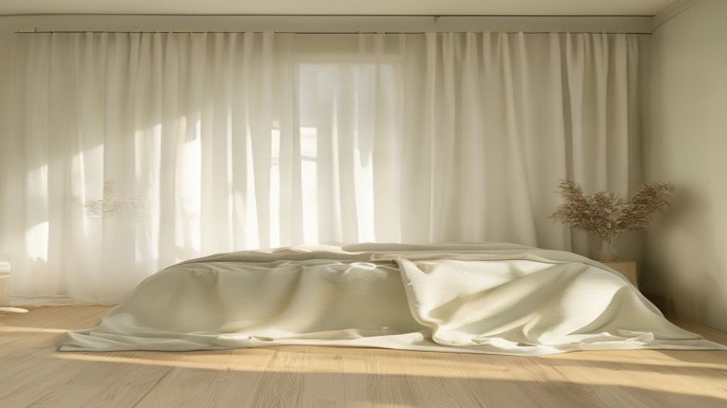 Lugn sovrum med mjukt ljus och moderna persienner